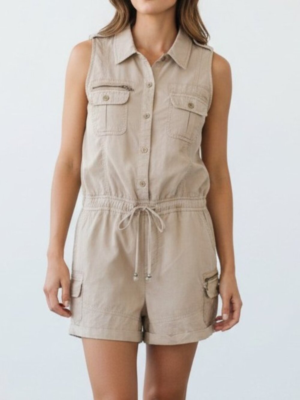 Marrakech Santorini Khaki Tan Sleeveless Safari Utility Cargo Romper